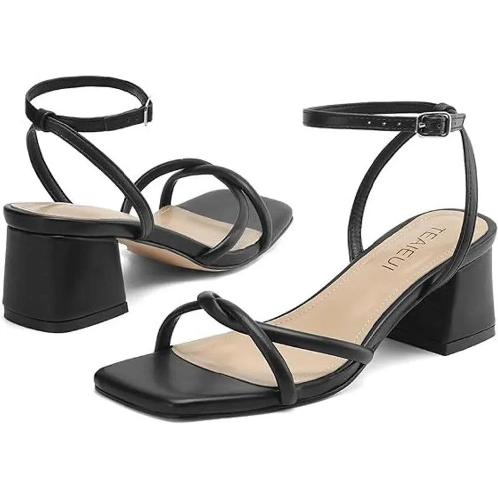 New Teaieui Womens Size 6.5 Black Open Toe 2.5